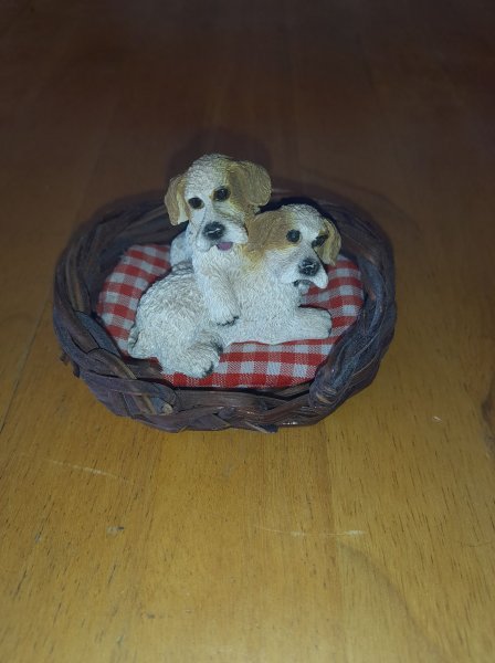 2 petit chien dans leur panier en céramique