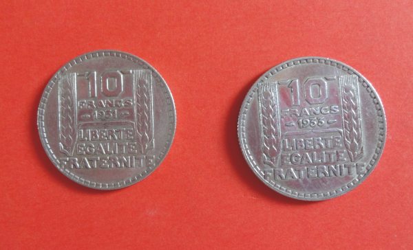 2 pièces  argent de 10 francs 1931 et 1933