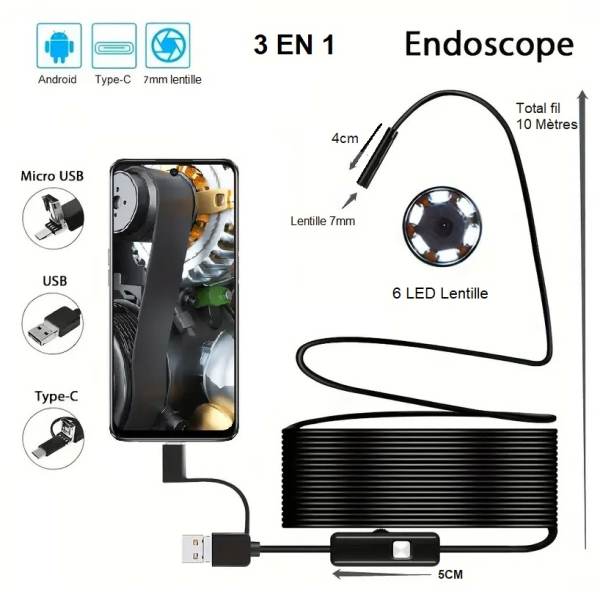 Endoscope d'inspection serpent 3 en 1 (10m)