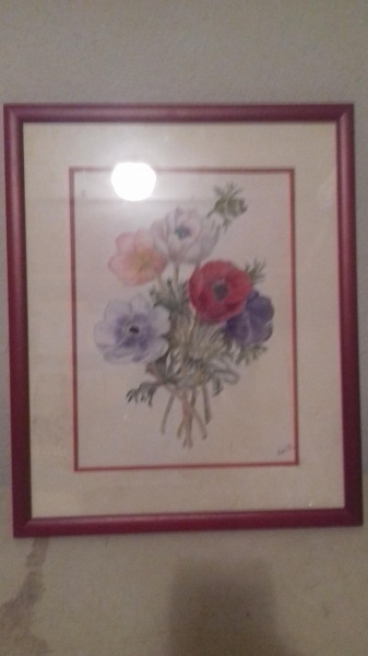 Tableau bouquet de fleur sous verre et signé