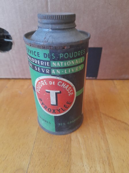 Ancien bidon bo&icirc;te de poudre de chasse pyroxyl&eacute;e