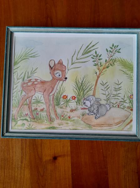 Aquarelle bambi et panpan dans cadre bois