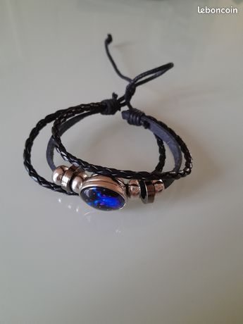Bracelet h / f en avec motif pierre bleue ajustabl