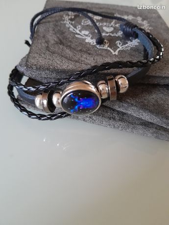 Vente Bracelet h / f en avec motif pierre bleue ajustabl
