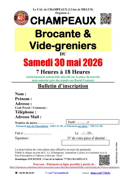 Vente Vide-greniers &agrave; champeaux (77), le 30/05/2026