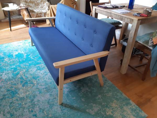 Vente Canapé bleu, bois et tissu