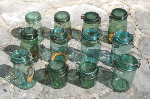 Lot de 12 bocaux &agrave; conserves anciens verts