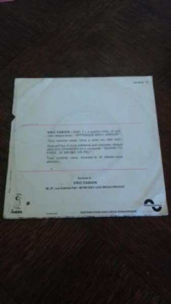 Vente Pochette 45 t eric fabien "quand tu pars"