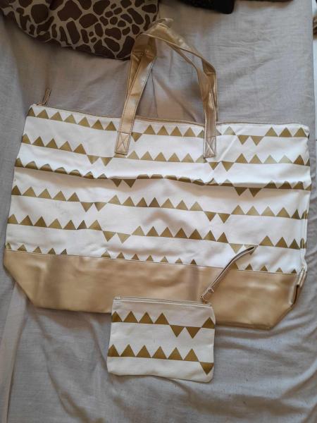Sac de plage , sac cabas blanc doré à triangle