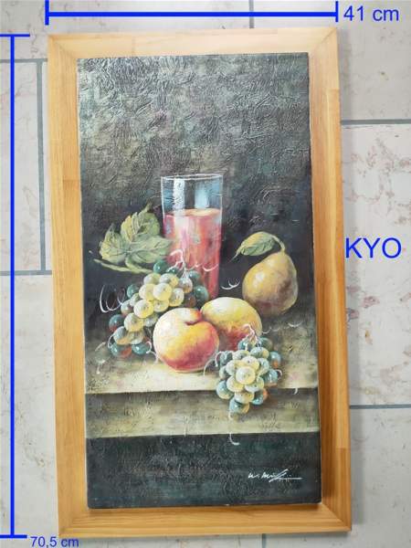 Tableau peinture toile de fruit raisin pêche verre