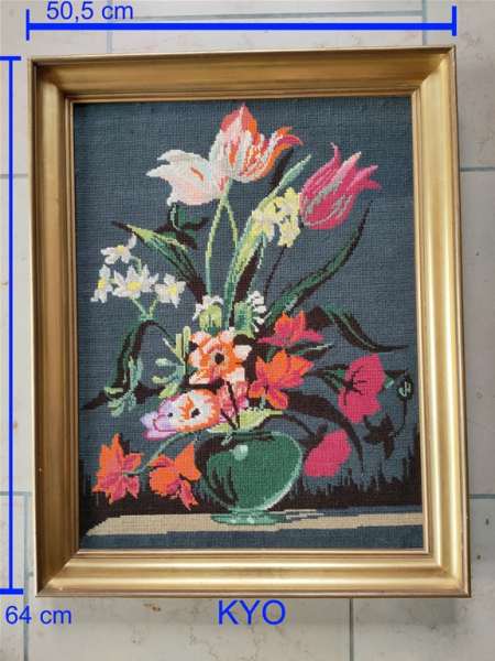 Tableau tissé bouquet fleurs broderie point croix